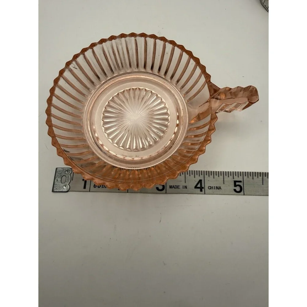 Vintage Pink Depression Glass Dessert Bowl with Handle Ribbed Scalloped 4”